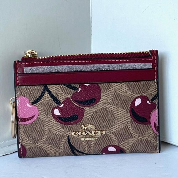 Coach Mini Skinny ID Wallet Cherry Red CZ462 Keyring Signature Brown Canvas - Picture 7 of 8